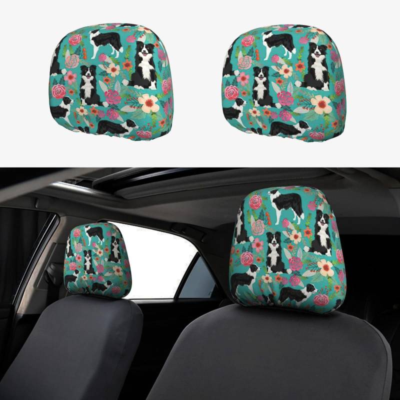 HGFVY Border Collie Florals 2er Set Autositz-Kopfstützenbezug, schützender Stoff-Designbezug, Dekoration für die meisten Autos von HGFVY