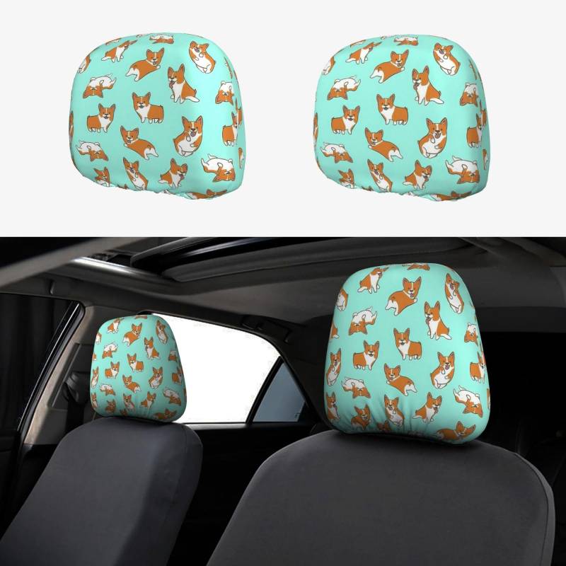 HGFVY Corgi Niedlicher Hund 2er Set Autositz Kopfstützenbezug Schutzstoff Design Bezug Dekoration für die meisten Autos von HGFVY