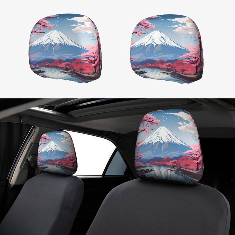 HGFVY Japan Mount Fuji Landschaft 2er Set Autositz Kopfstützenbezug Schutzstoff Design Bezug Dekoration für die meisten Autos von HGFVY
