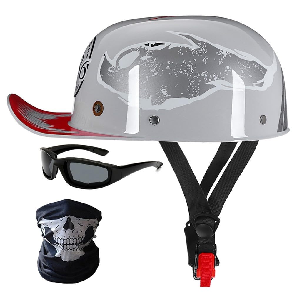 Halbschalenhelm Motorradhelm ECE-Zulassung Baseball Cap Mit Fahrradbrille Fahrradvisier Cruiser Chopper Scooter Helm Herren Retro Motorrad Halbhelm MäNner Frauen Mofa Helm 57-62cm von HHSDB