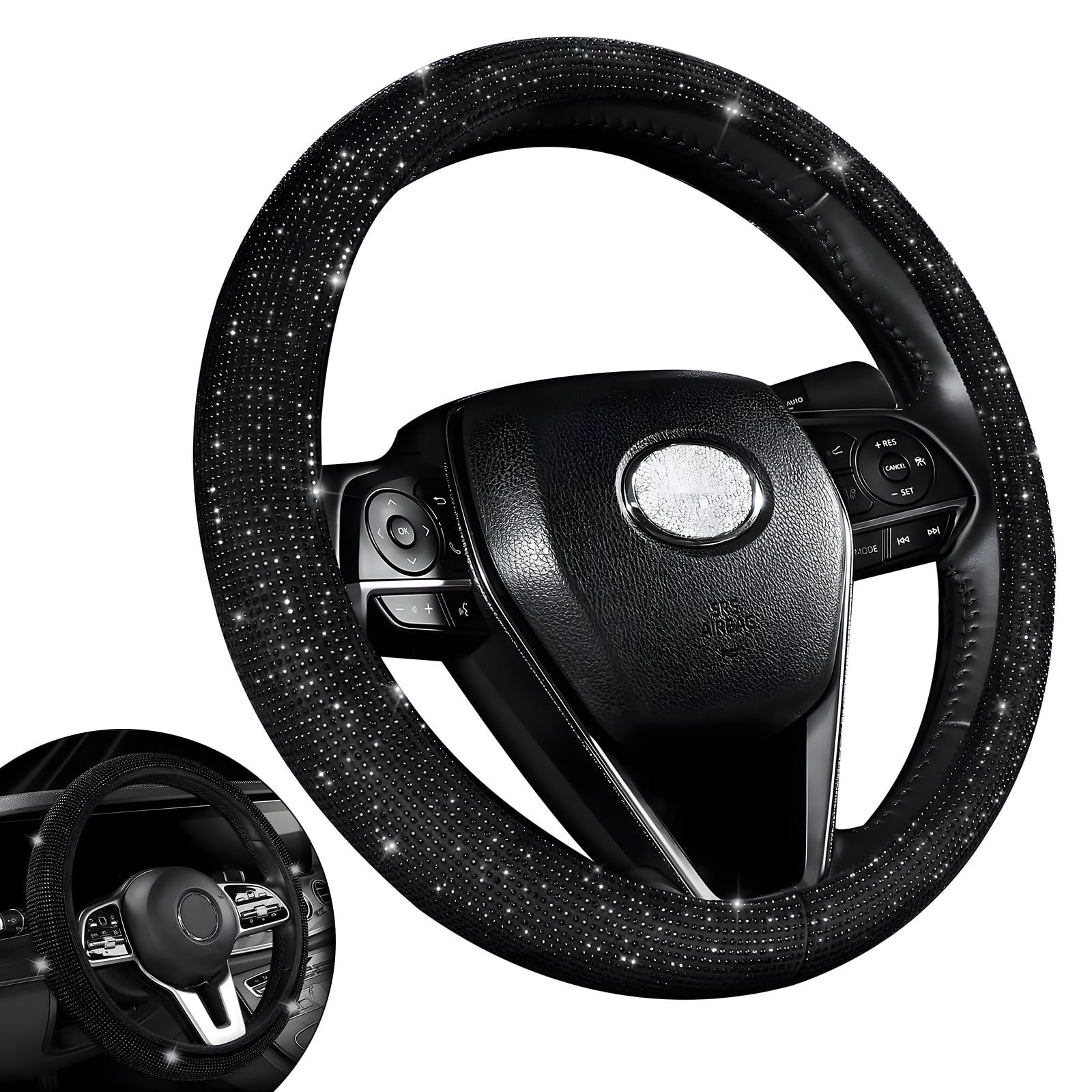 HIAHXC 36-39CM Auto Lenkradbezug, Glitzer Lenkradhüllen Anti-Rutsch Lenkradschutz Auto Kristall Lenkrad Bezug Autozubehör Innenraum (Schwarz) von HIAHXC