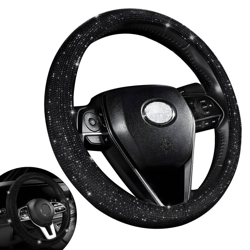 HIAHXC 36-39CM Auto Lenkradbezug, Glitzer Lenkradhüllen Anti-Rutsch Lenkradschutz Auto Kristall Lenkrad Bezug Autozubehör Innenraum (Schwarz) von HIAHXC
