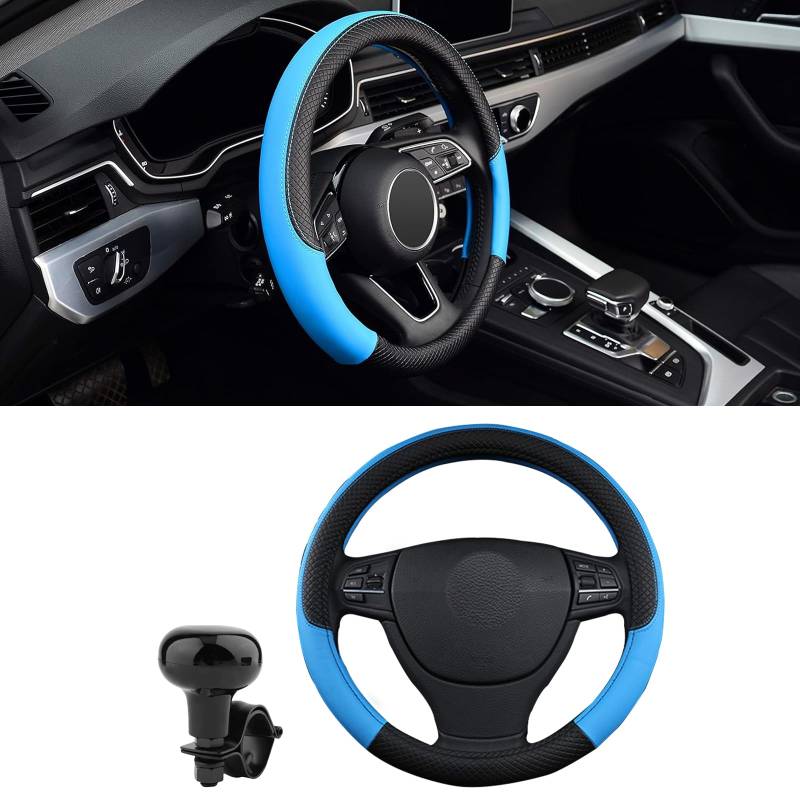 HIAHXC Lenkradbezug Auto, Lenkradbezug Auto Lenkradbezug Leder Lenkradhüllen Auto, Universal Größe 38 cm Autozubehör Innenraum (Blau) von HIAHXC