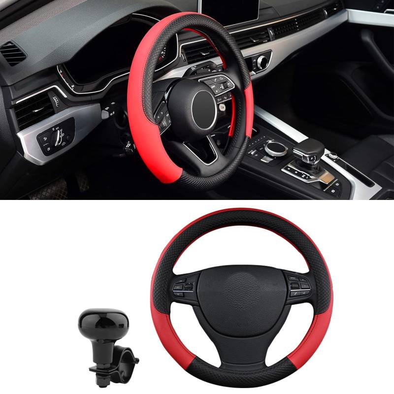 HIAHXC Lenkradbezug Auto, Lenkradbezug Auto Lenkradbezug Leder Lenkradhüllen Auto, Universal Größe 38 cm Autozubehör Innenraum (Rot) von HIAHXC