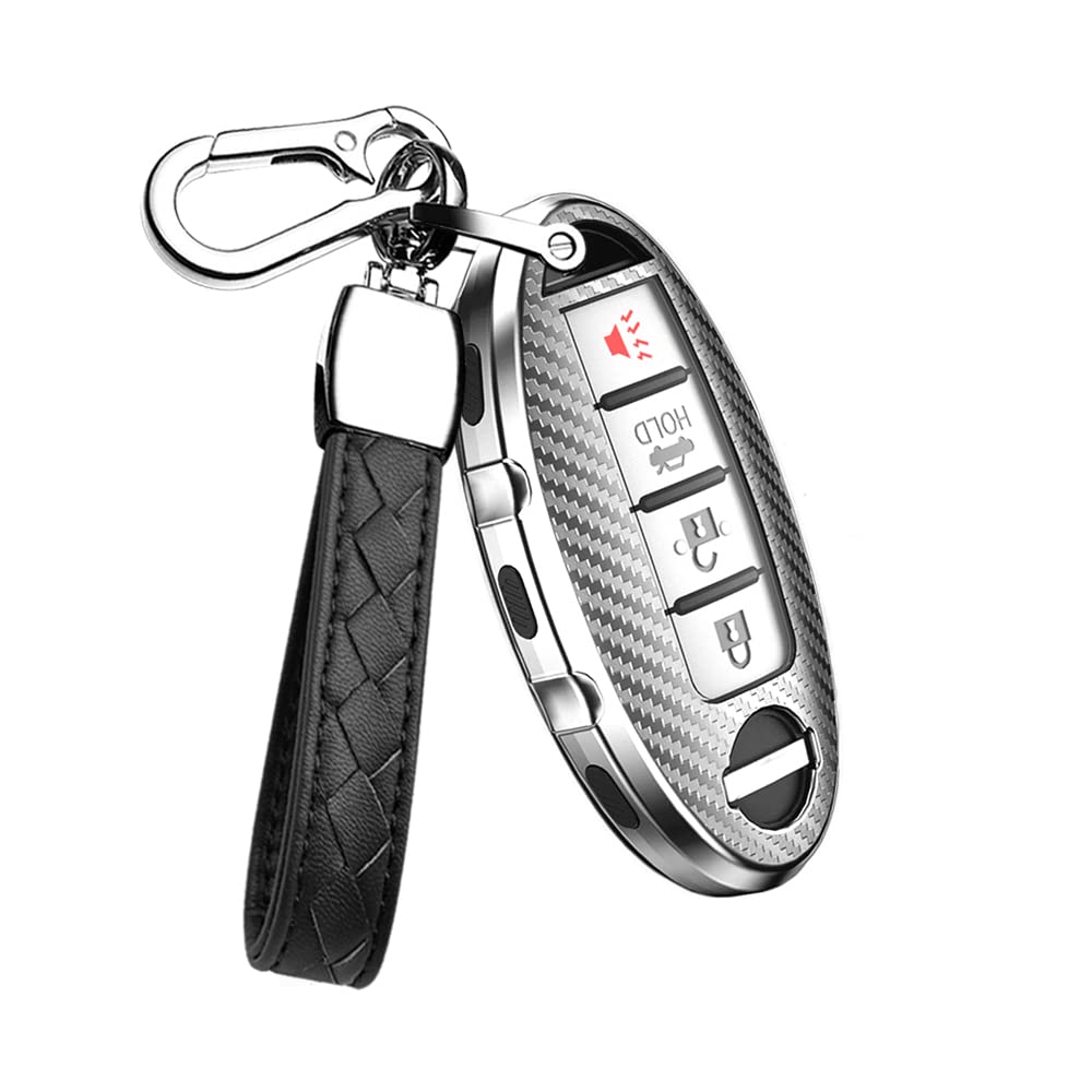 HIBEYO Auto Schlüssel Hülle passt für Nissan Schlüsselhülle TPU Abdeckung Schutzhülle für Infiniti EX J11 Qashqai Juke X-Trail Murano Micra Qashqai Cover Fernbedienung Keyless-Kohlefaser Silber von HIBEYO