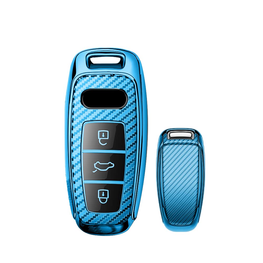 HIBEYO Autoschlüssel Hülle Geeignet für Audi,Schlüsselhülle Cover für Audi 2019 2020 2021 A6 A6L A7 E-Tron A8 Q8 Smart Keyless Entry 3 Tasten Autoschlüssel Schlüsselbox(Blau-Carbon) von HIBEYO