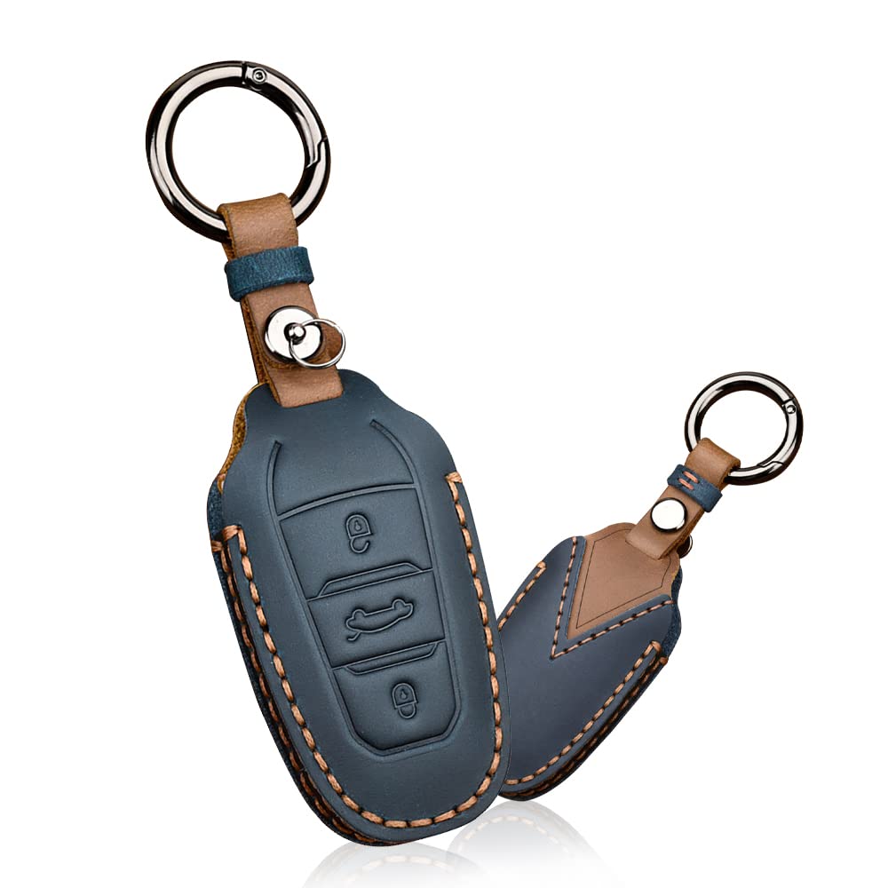 HIBEYO Autoschlüssel Hülle Passt für Peugeot 3008 208 508 Schlüsselhülle Cover in Leder Schutzhülle für Citroen C4L DS5 DS6 für Opel Grandland X Schlüsseletui Fernbedienung Schlüsselbund-Blau von HIBEYO
