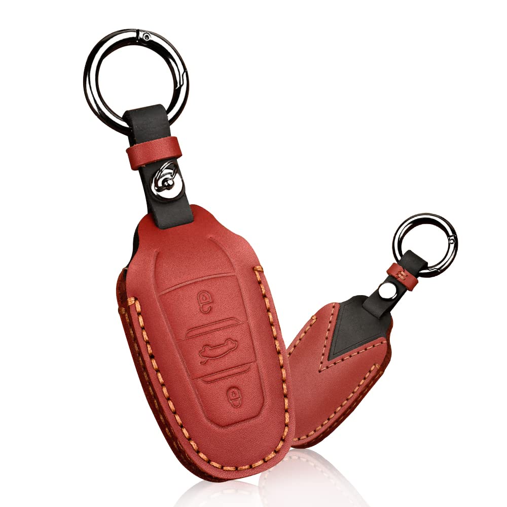 HIBEYO Autoschlüssel Hülle Passt für Peugeot 3008 208 508 Schlüsselhülle Cover in Leder Schutzhülle für Citroen C4L DS5 DS6 für Opel Grandland X Schlüsseletui Fernbedienung Schlüsselbund-Rot von HIBEYO