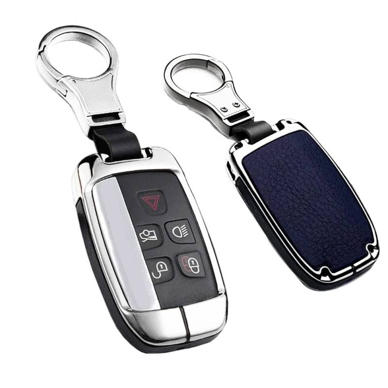 HIBEYO Autoschlüssel Hülle Smart Funkschlüssel Discovery 4 LR4 passt für Land Rover Range Rover Sport Evoque für Jaguar XE XF XJ F-Pace F-Type Schlüsselbox Schutzhülle Leder 5 Tasten-Silber Blau von HIBEYO