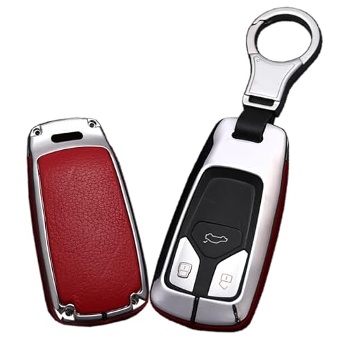 HIBEYO Autoschlüssel Hülle für Audi Schlüsselbox Smartkey Autoschlüssel Schlüsselhülle Cover für Audi A4L A6L A8 Q5 Q7 TTS TT Schutzhülle Autodekoration Schlüsselbund Leder 3 Tasten-Silber Rot von HIBEYO