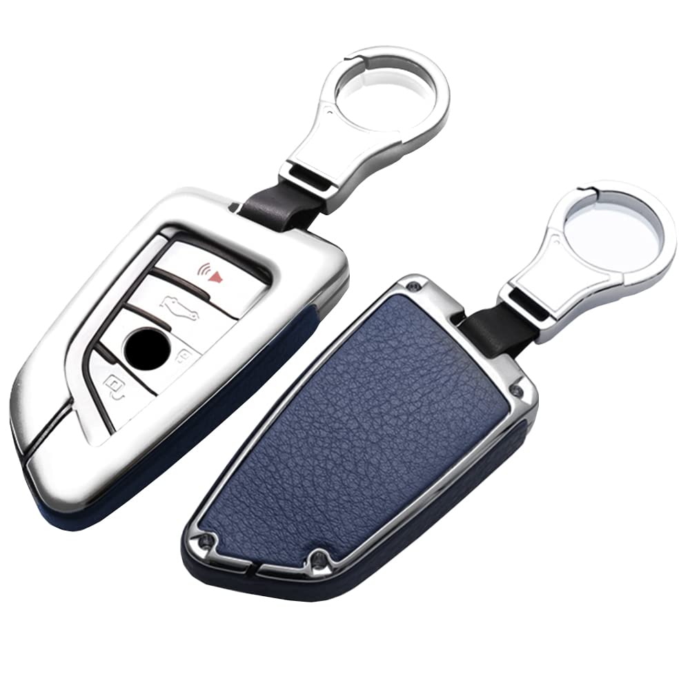 HIBEYO Autoschlüssel Hülle für BMW Cover Leder Zinklegierung Schutzhülle Schlüsselhülle für BMW Keyless Serie 1 3 5 7 X1 X3 X4 X5 X6 F30 E30 Smartkey Schlüsselbox Abdeckung Fall-Silber Blau von HIBEYO