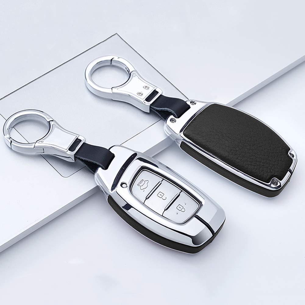 HIBEYO Autoschlüssel Hülle für Hyundai Smart Remote Keyless Leder Schutzhülle für Hyundai Kona i10 i30 IX35 ioniq Tucson Santa Elantra Schlüsselbox Schlüsselanhänger-Silber Schwarz von HIBEYO