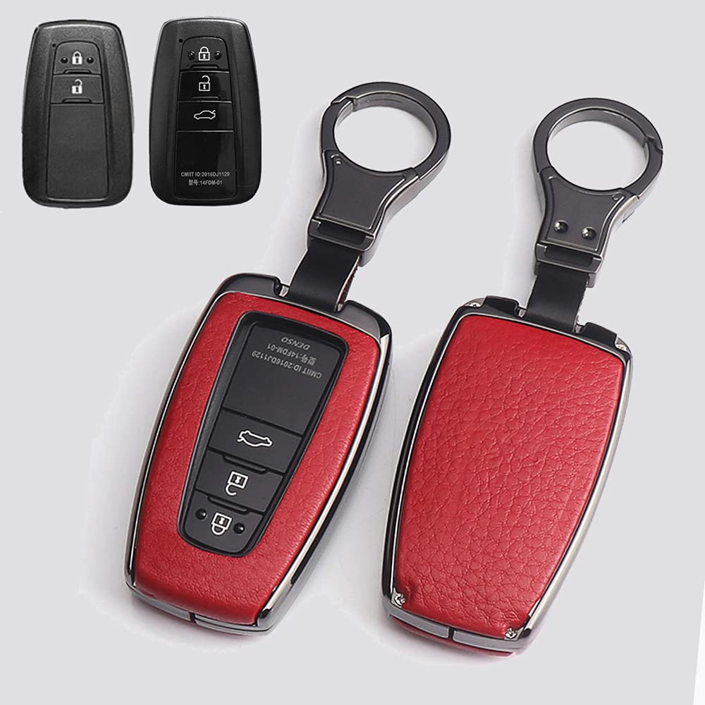 HIBEYO Autoschlüssel Hülle für Toyota Cover Leder Schutzhülle mit Schlüsselanhänger Schlüssel Etui für Toyota Corolla RAV4 CH-R Prius Yaris Schlüsselbund Fernbedienung Schlüsselbox-Schwarz Rot von HIBEYO