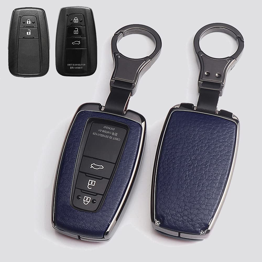 HIBEYO Autoschlüssel Hülle für Toyota Cover Leder Schutzhülle mit Schlüsselanhänger Schlüssel Etui für Toyota Corolla RAV4 CH-R Prius Yaris Schlüsselbund Fernbedienung Schlüsselbox-Schwarz Blau von HIBEYO
