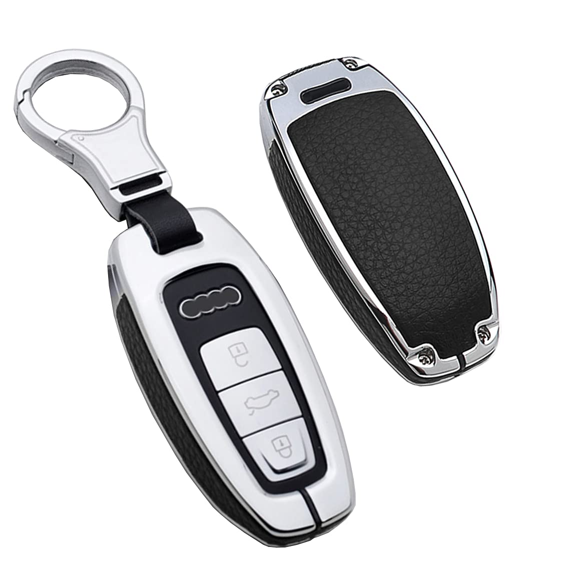 HIBEYO Autoschlüssel Hülle passt für Audi A6 A7 A8 Q7 Q8 E-Tron 3-Tasten Autoschlüssel Keyless Schutzhülle Schlüsselhülle Geeignet Cover Leder Schlüsselbox Smart Schlüssel Autozubehör-Silber Schwarz von HIBEYO
