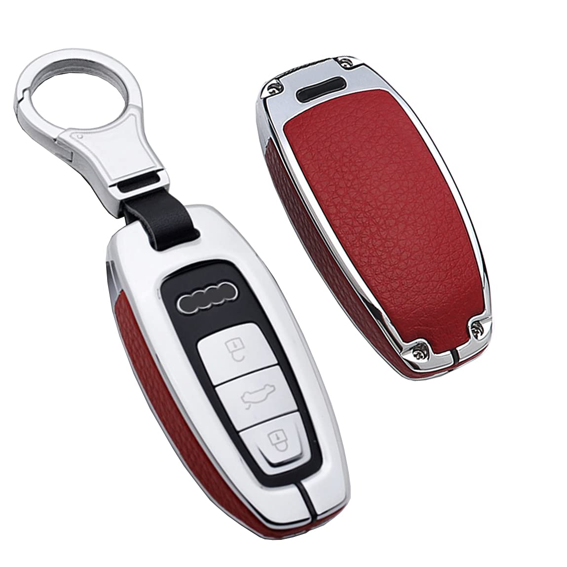 HIBEYO Autoschlüssel Hülle passt für Audi A6 A7 A8 Q7 Q8 E-Tron 3-Tasten Autoschlüssel Keyless Schutzhülle Schlüsselhülle Geeignet Cover Leder Schlüsselbox Smart Schlüssel Autozubehör-Silber Rot von HIBEYO