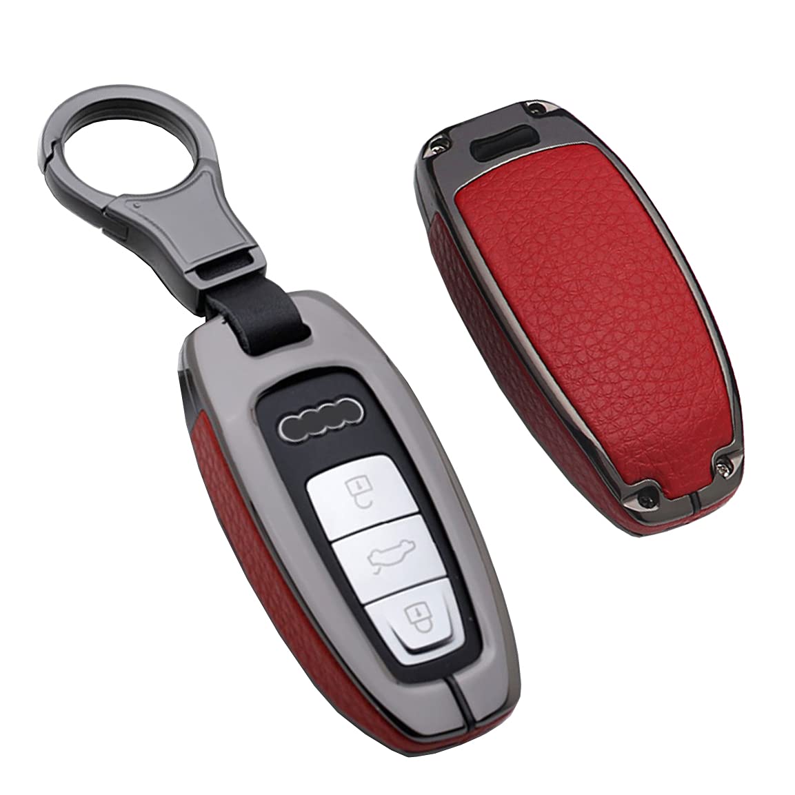 HIBEYO Autoschlüssel Hülle passt für Audi A6 A7 A8 Q7 Q8 E-Tron 3-Tasten Autoschlüssel Keyless Schutzhülle Schlüsselhülle Geeignet Cover Leder Schlüsselbox Smart Schlüssel Autozubehör-Schwarz Rot von HIBEYO