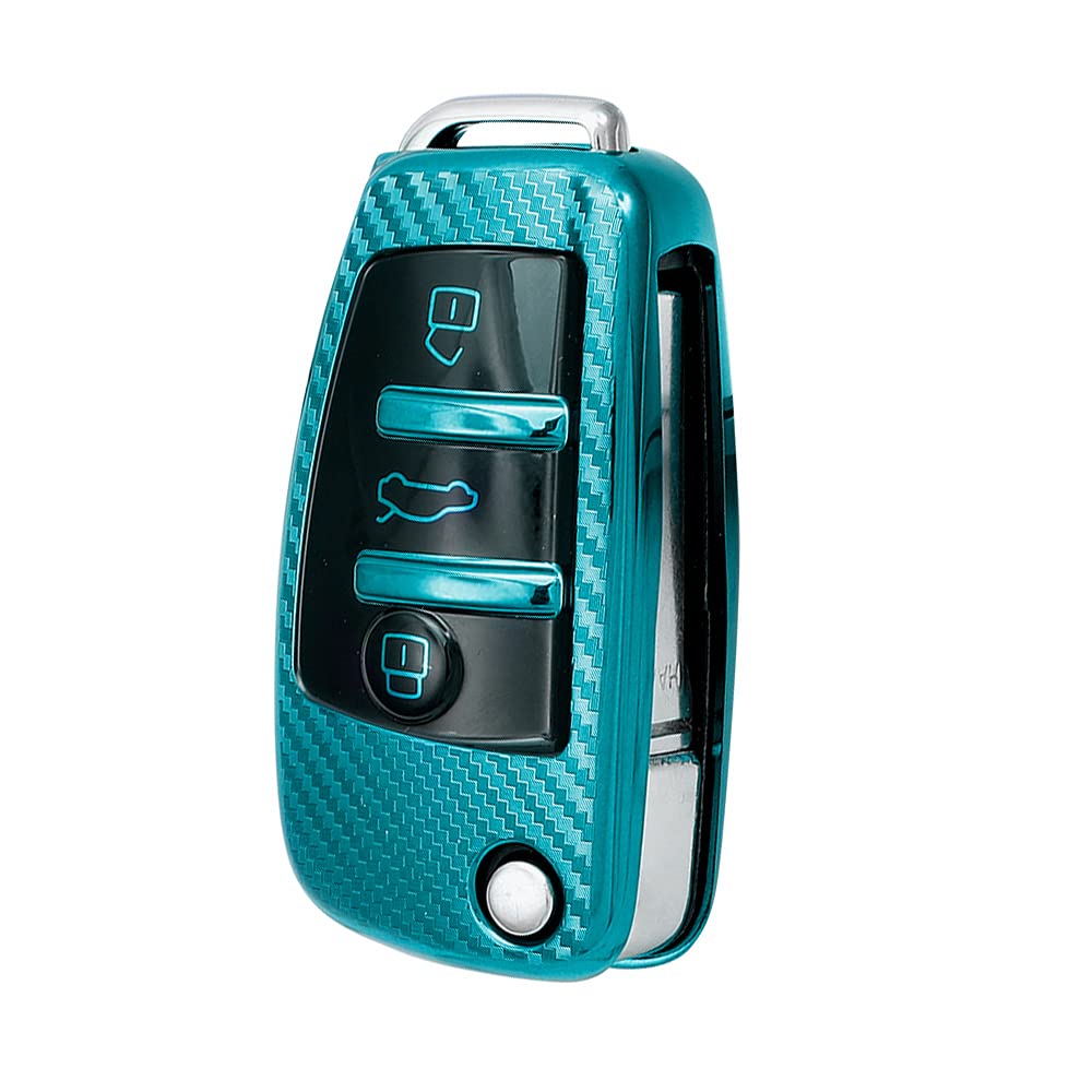 HIBEYO Autoschlüssel Hülle passt für Audi Schutzhülle Schlüsselhülle Cover TPU für Audi A1 A3 A4 A6 Q3 Q5 Q7 S3 R8 TT Schlüsselbox Schlüsselanhänger Fernbedienung Klapp 3 Tasten(Grün-Kohlefaser) von HIBEYO