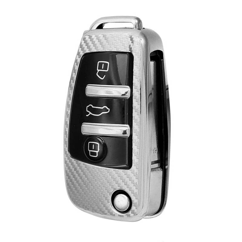 HIBEYO Autoschlüssel Hülle passt für Audi Schutzhülle Schlüsselhülle Cover TPU für Audi A1 A3 A4 A6 Q3 Q5 Q7 S3 R8 TT Schlüsselbox Schlüsselanhänger Fernbedienung Klapp 3 Tasten(Silber-Kohlefaser) von HIBEYO