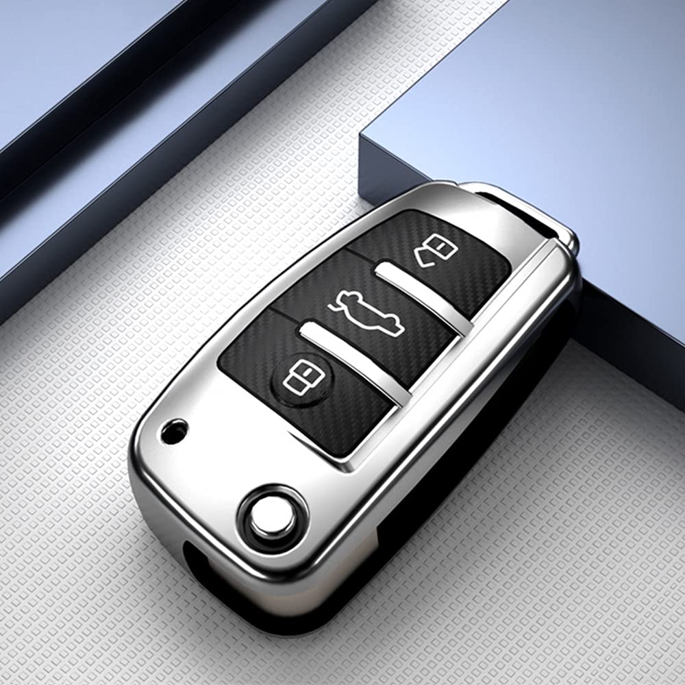 HIBEYO Autoschlüssel Hülle passt für Audi Schutzhülle Schlüsselhülle für Audi A1 A3 A4 A6 Q3 Q5 Q7 S3 R8 TT Schlüsselbox Schlüsseltasche Fernschlüssel Fall Klappschlüssel TPU(Silber-Kohlefaser) von HIBEYO