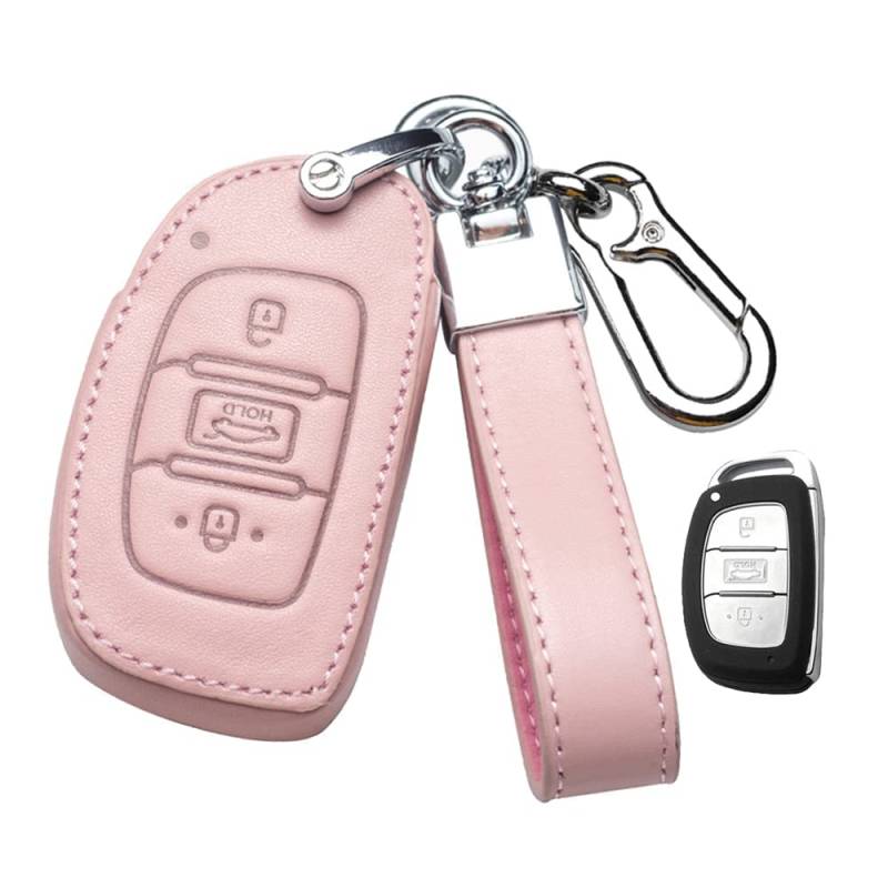 HIBEYO Autoschlüssel Hülle passt für Hyundai Schutzhülle Schlüsselhülle Cover Rindsleder für Hyundai IX20 IX30 IX35 IX45 Tucson Santa Fe Elantra Sonata Schlüsselbox mit Schlüsselanhänger-Rosa B von HIBEYO