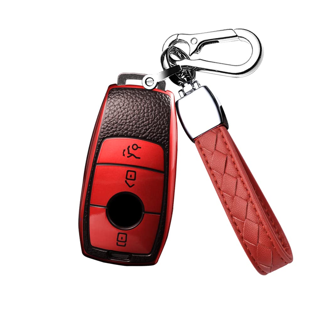 HIBEYO Autoschlüssel Hülle passt für Mercedes E Klasse Schlüsselhülle Schlüsselbox für Benz Class-E C S A CLA GLA GLE GLC GLK AMG Schutzhülle Schlüsselanhänger TPU Leder Texture Schutzhülle-Rot von HIBEYO