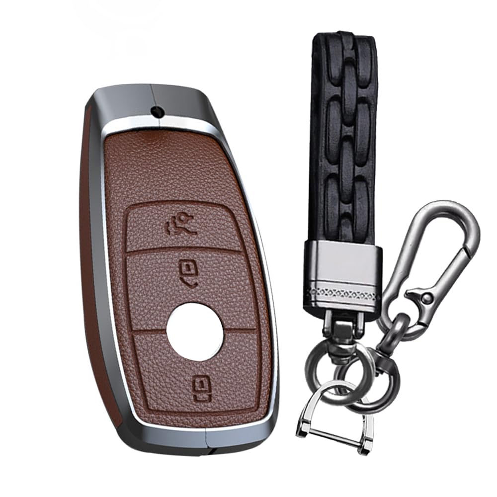 HIBEYO Intelligente Schlüsselhülle passt für Mercedes Autoschlüssel Hülle Leder Schutzhülle passt für Benz E Klasse 2017 S Klasse 2018 CLA GLA GLE GLC GLK AMG Schlüsselbox Schlüsselanhänger-Braun von HIBEYO