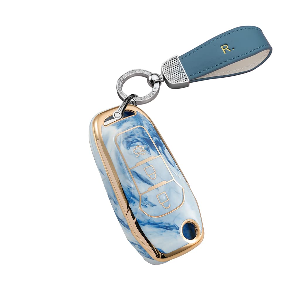 HIBEYO Klappschlüssel Autoschlüssel Hülle Passt für Ford Schutzhülle Fernsteuerung Schlüssel hülle für Ford C-max S-max Edge kuga Ranger Mondeo Schlüsselbund Schlüsseletui Fernschlüssel Flip-Blau von HIBEYO