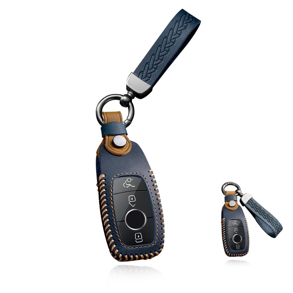 HIBEYO Schlüsselanhänger-Abdeckung für Mercedes Benz A C G E S Klasse CLA CLS GLA GLC GLE GLS SLC Smart Remote Autoschlüssel Leder Schlüsselhülle Halter mit Schlüsselanhänger Zubehör - Blau von HIBEYO