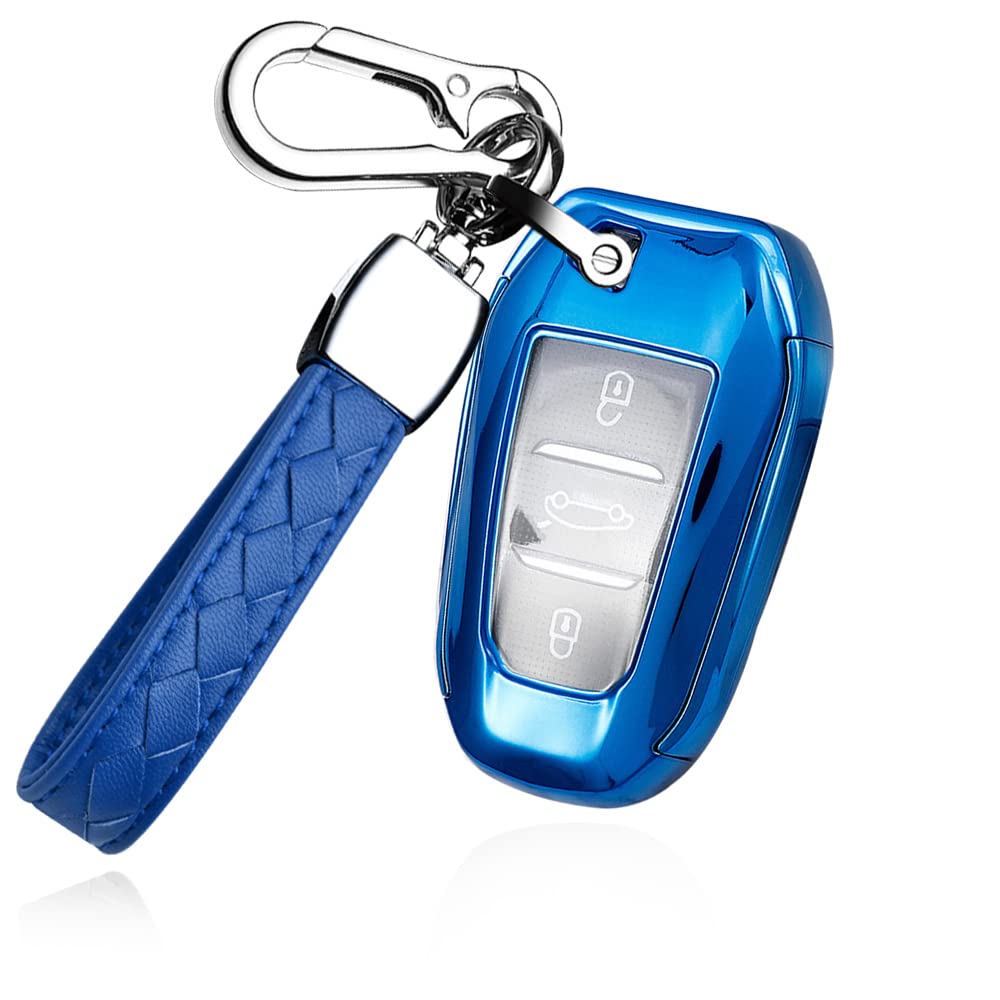 HIBEYO Schlüsselanhänger-Abdeckung für Peugeot 308, 408, 508, 2008, 3008, 4008, 5008, Zubehör mit Schlüsselanhänger, 3 Tasten, Schlüsselgehäuse 2022, Blau, original size von HIBEYO