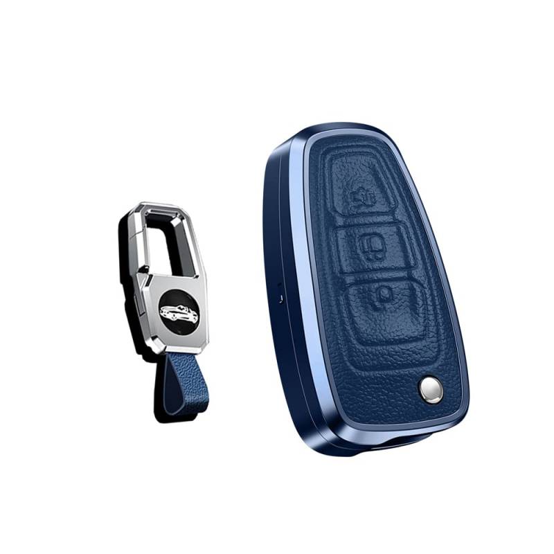 HIBEYO Schlüsselhülle Hülle passt für Ford Leder Schutzhülle Autoschlüssel Hülle für Ford Focus Fiesta Kuga Mondeo Grand C-Max S-Max Kuga Galaxy Klappschlüssel Key Cover Case Etui-Blau von HIBEYO