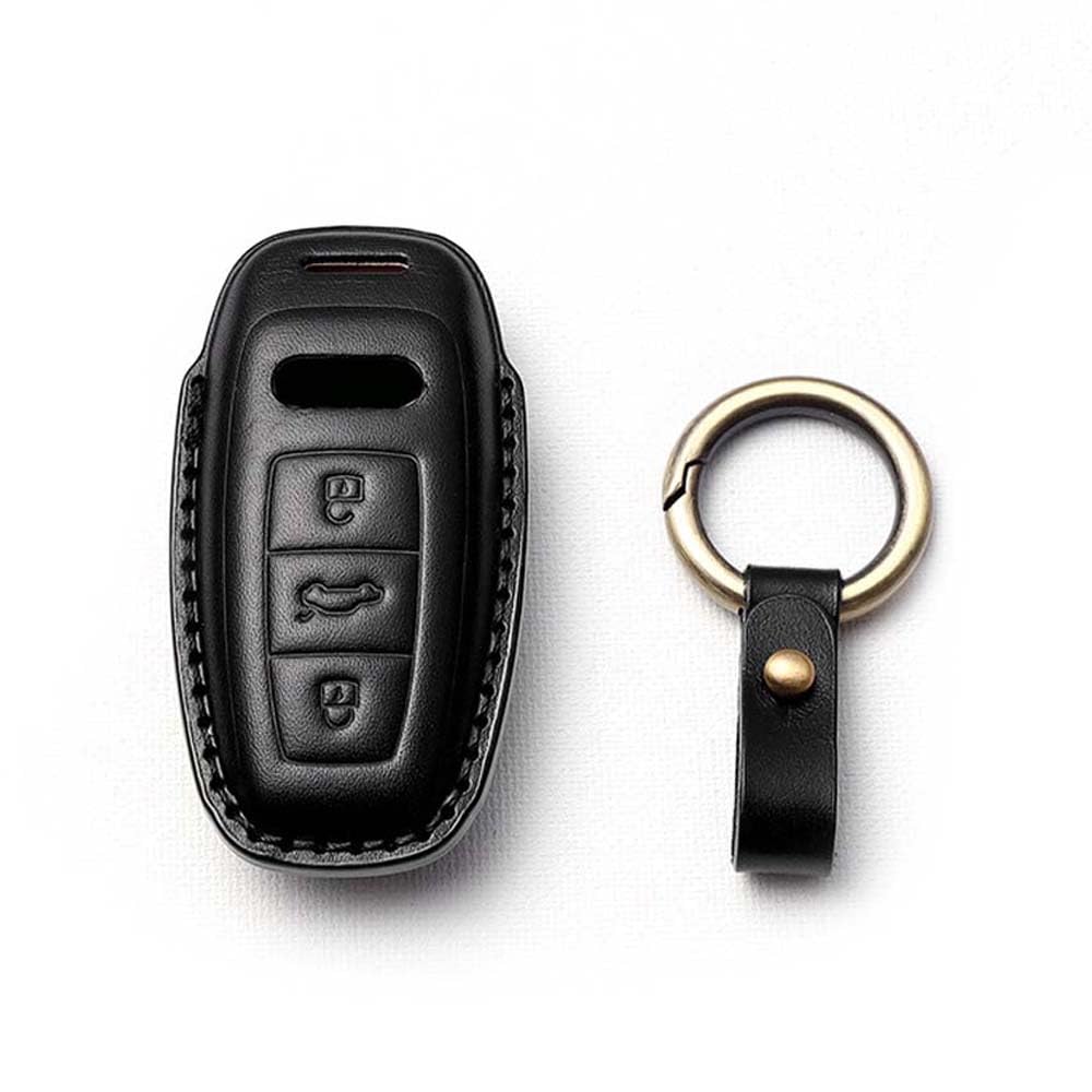 HIBEYO Smart Autoschlüssel Hülle Passt für Audi Schutzhülle Schlüsselhülle Cover für Audi A6 A7 A8 Q7 Q8 E-Tron Schlüsselbox Rindsleder Schlüssellose Schlüsseltasche mit Schlüsselbund 3Tasten-Schwarz von HIBEYO