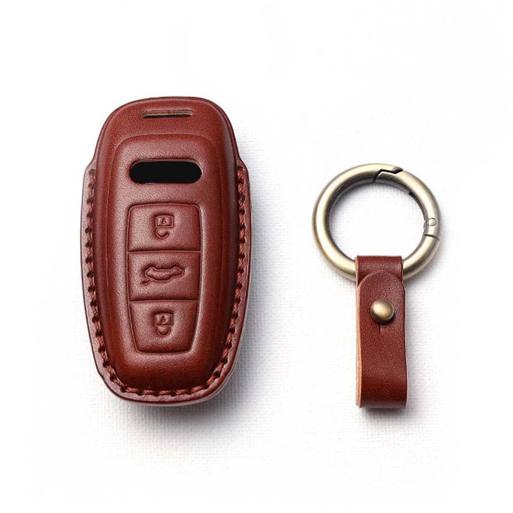 HIBEYO Smart Autoschlüssel Hülle Passt für Audi Schutzhülle Schlüsselhülle Cover für Audi A6 A7 A8 Q7 Q8 E-Tron Schlüsselbox Rindsleder Schlüssellose Schlüsseltasche mit Schlüsselbund 3Tasten-Braun von HIBEYO
