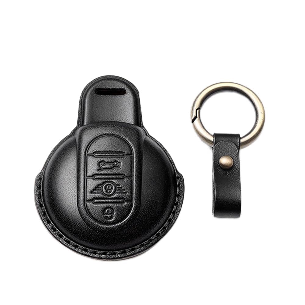 HIBEYO Smart Autoschlüssel Hülle Passt für BMW Mini Schutzhülle Schlüsselhülle für Mini Cooper One Clubman F56 F54 F55 F57 F60 Schlüsselbox Rindsleder Funkschlüssel Schlüsselbund 3 Tasten-Schwarz von HIBEYO