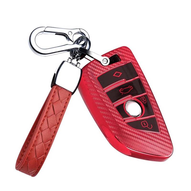 HIBEYO Smart Autoschlüssel Hülle Passt für BMW Schlüsselgehäuse Schutzhülle Fernbedienung Cover für BMW 1er 2er 3er 4er 5er 6er 7er X1 X3 X4 X5 X6 F30 E30 Schlüsselanhänger Schlüsselbox TPU-Rot von HIBEYO