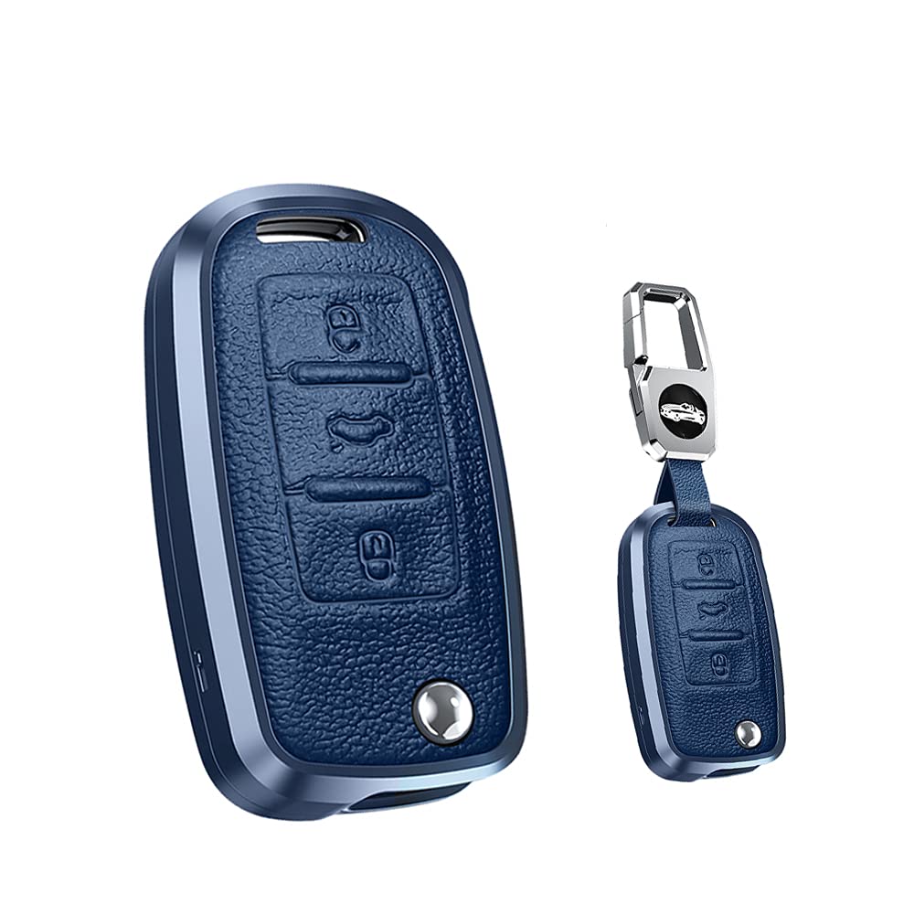 HIBEYO Smart Autoschlüssel Hülle Passt für VW Tiguan Golf Passat Sagitar Polo Skoda Octavia Fabia seat Leon Ibiza Schlüsselhülle Cover Schlüsselgehäuse Schlüsselanhänger Schlüsselbox Leder (Blau) von HIBEYO