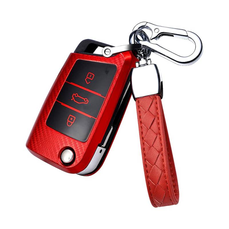 HIBEYO Smart Autoschlüssel Hülle für Golf 7 MK4 MK6 Polo Jetta Skoda Karoq Superb Seat Ibiza Leon Schlüsselgehäuse Fernbedienung Cover Schutzhülle Etui Schlüsselbox Schlüsselanhänger TPU-Rot von HIBEYO