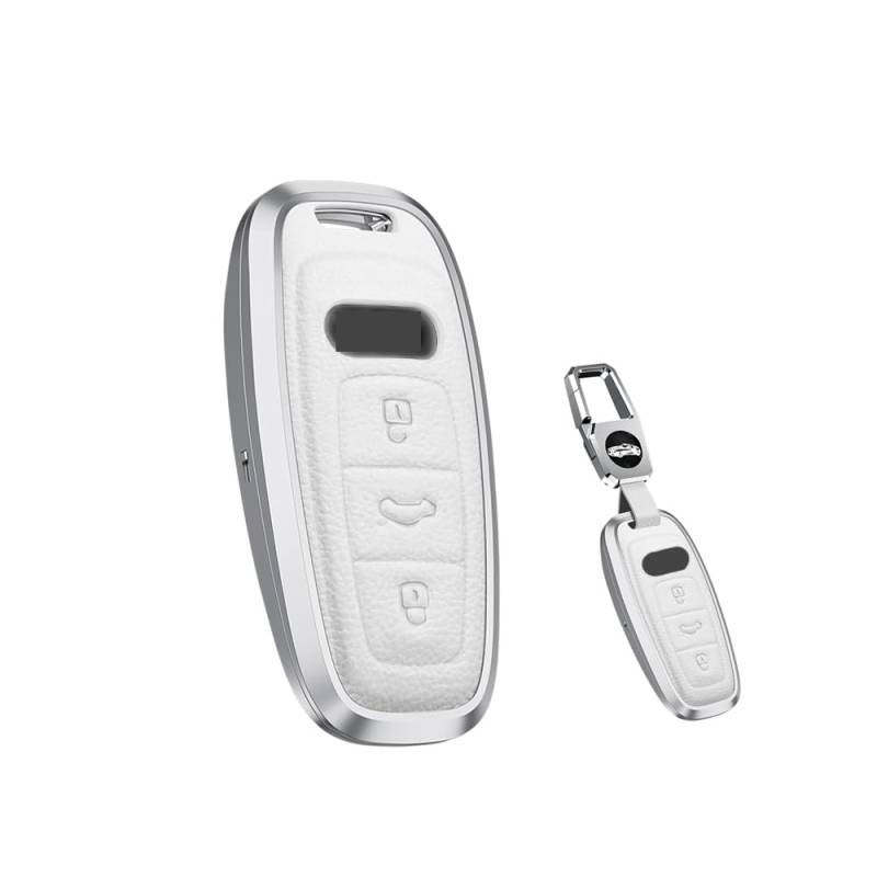 HIBEYO Smart Autoschlüssel Hülle passt für Audi A3 A6 A7 A8 A6L A8L RS6 RS7 S3 S6 S7 SQ7 SQ8 C8 Q8 Q7 E-Tron Schutzhülle Fernbedienung Cover Schlüsselanhänger Leder Aluminiumlegierung-Weiß von HIBEYO