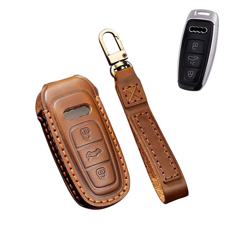 HIBEYO Smart Autoschlüssel Hülle passt für Audi Leder Schutzhülle mit Schlüsselanhänger Schlüsselbox Schlüsselhülle Cover für Audi A6L A6 A7 A8 Q7 Q8 SQ8 RS5 E-Tron Funkschlüssel Schlüssel-Braun von HIBEYO