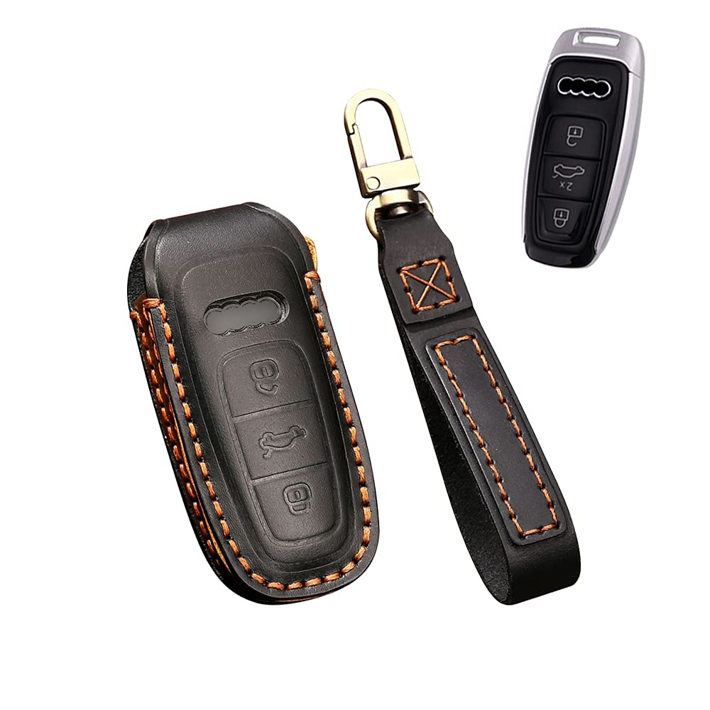 HIBEYO Smart Autoschlüssel Hülle passt für Audi Leder Schutzhülle mit Schlüsselanhänger Schlüsselbox Schlüsselhülle Cover für Audi A6L A6 A7 A8 Q7 Q8 SQ8 RS5 E-Tron Funkschlüssel Schlüssel-Schwarz von HIBEYO