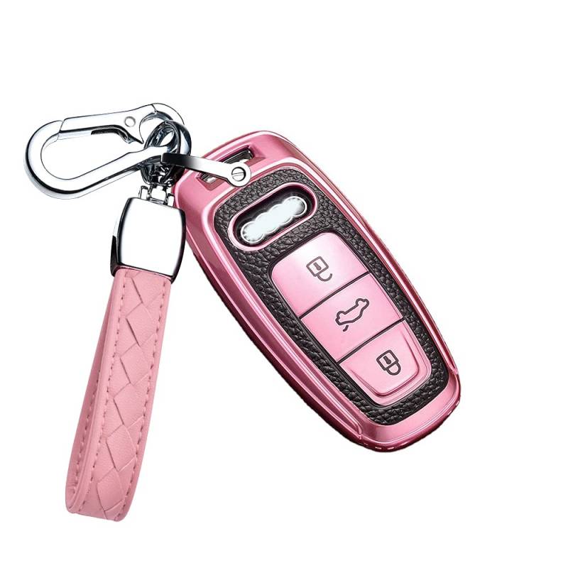 HIBEYO Smart Autoschlüssel Hülle passt für Audi PKW Schlüsselhülle für Audi A6L A4 A6 A7 A8 Q7 Q8 E-Tron 2019 2020 Schlüsselbox Schlüssel Gehäuse Fernbedienung TPU Leder Texture Schutzhülle-Rosa von HIBEYO