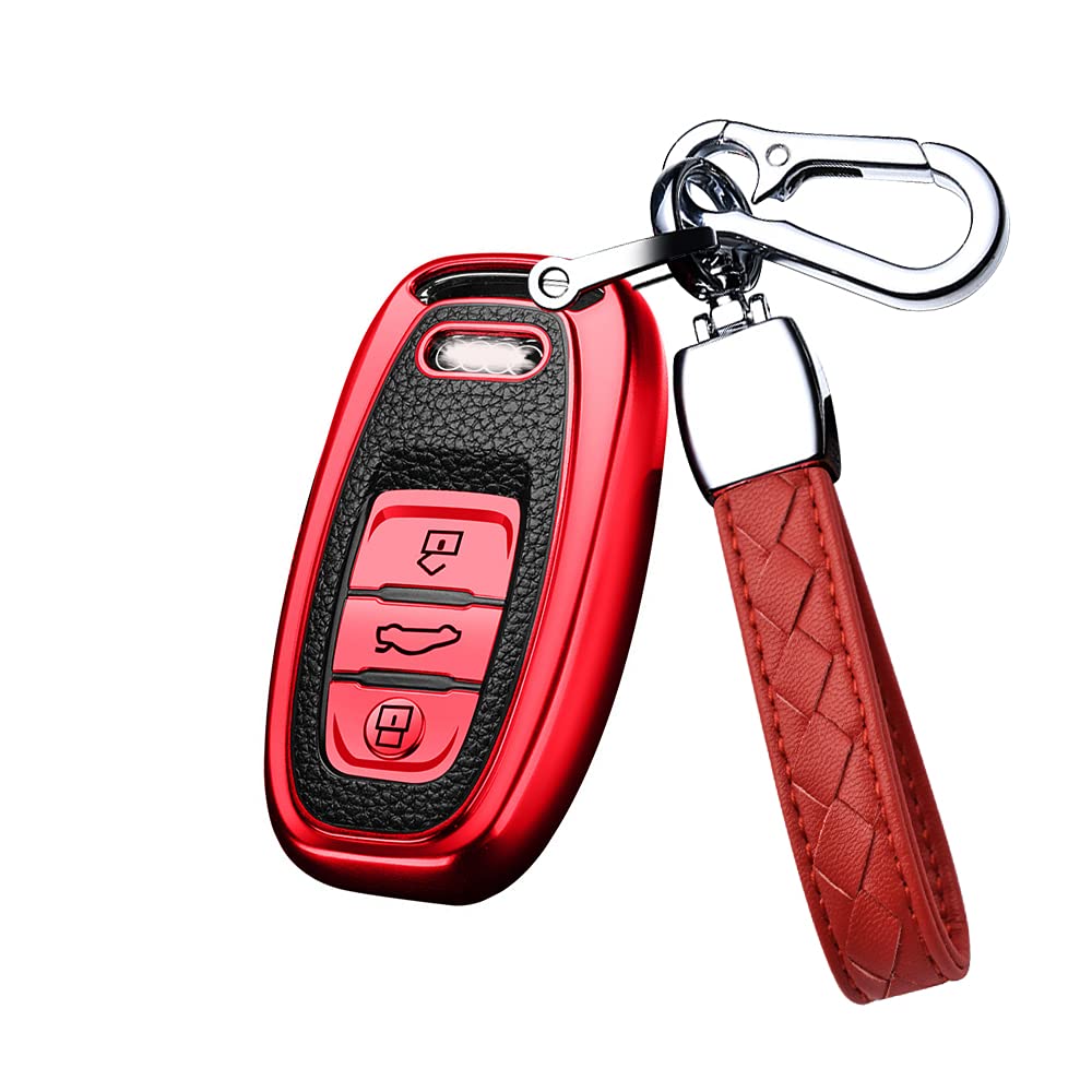 HIBEYO Smart Autoschlüssel Hülle passt für Audi PKW Schlüsselhülle für Kein Zündschloss Keyless Autos A4 A5 A6 A7 Q5 Q7 Q8 S5 S6 RS SQ Schlüsselbox Fernbedienung TPU Leder Texture Schutzhülle-Rot von HIBEYO