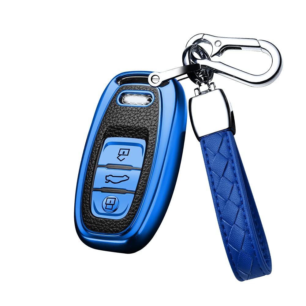 HIBEYO Smart Autoschlüssel Hülle passt für Audi PKW Schlüsselhülle für Kein Zündschloss Keyless Autos A4 A5 A6 A7 Q5 Q7 Q8 S5 S6 RS SQ Schlüsselbox Fernbedienung TPU Leder Texture Schutzhülle-Blau von HIBEYO