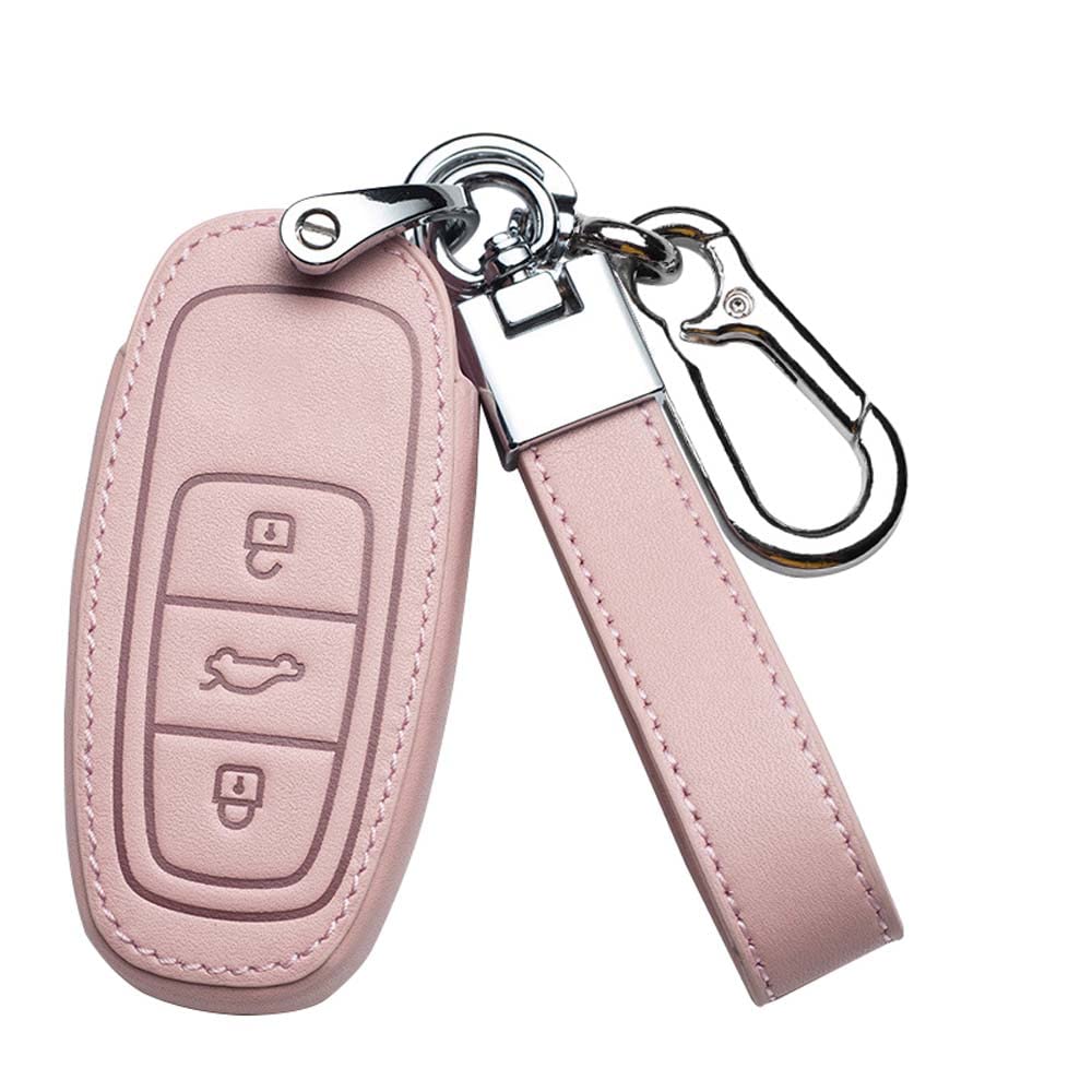 HIBEYO Smart Autoschlüssel Hülle passt für Audi Schutzhülle Schlüsselhülle Cover Rindsleder für Audi A6L A6 A7 A8 Q7 Q8 E-Tron 2019 2020 Keyless Steuerschlüssel Schlüsselanhänger-B 3Tasten Rosa von HIBEYO