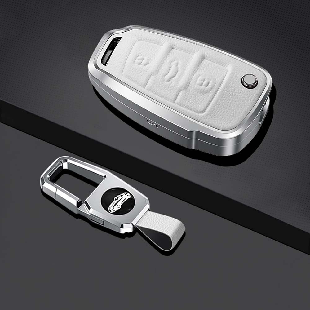 HIBEYO Smart Autoschlüssel Hülle passt für Audi Schutzhülle Schlüsselhülle Cover für A1 A3 A4 A6 Q3 Q5 Q7 S3 R8 TT Seat 3-Tasten Schlüsselbox Schlüsselanhänger Leder Aluminiumlegierung-Weiß von HIBEYO