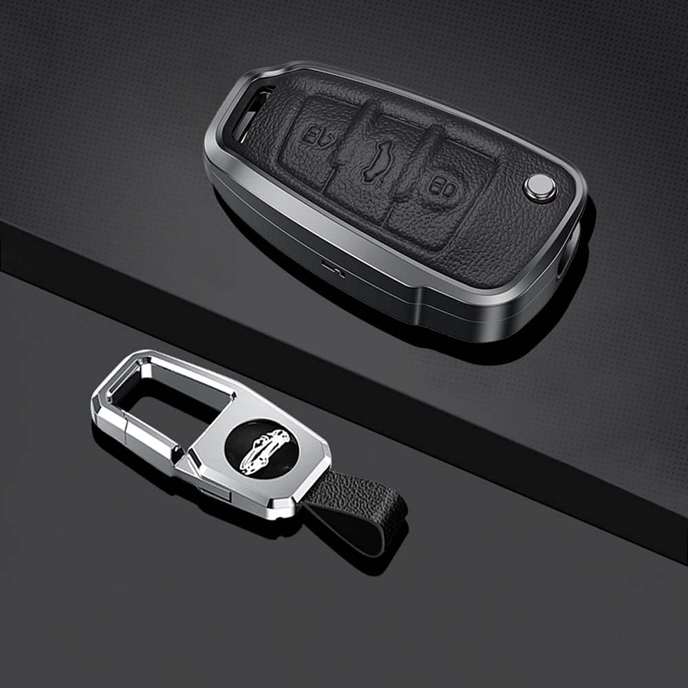 HIBEYO Smart Autoschlüssel Hülle passt für Audi Schutzhülle Schlüsselhülle Cover für A1 A3 A4 A6 Q3 Q5 Q7 S3 R8 TT Seat 3-Tasten Schlüsselbox Schlüsselanhänger Leder Aluminiumlegierung-Schwarz von HIBEYO