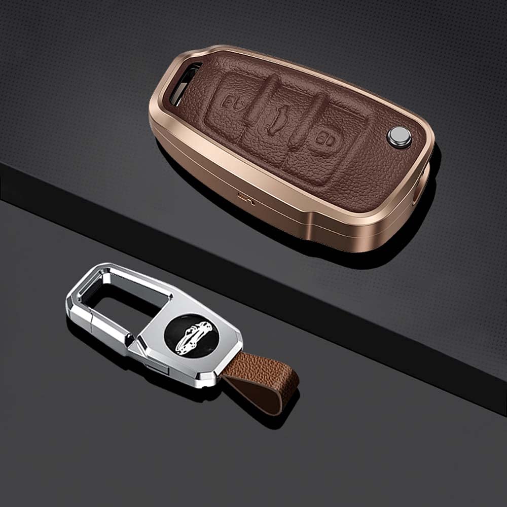 HIBEYO Smart Autoschlüssel Hülle passt für Audi Schutzhülle Schlüsselhülle Cover für A1 A3 A4 A6 Q3 Q5 Q7 S3 R8 TT Seat 3-Tasten Schlüsselbox Schlüsselanhänger Leder Aluminiumlegierung-Braun von HIBEYO