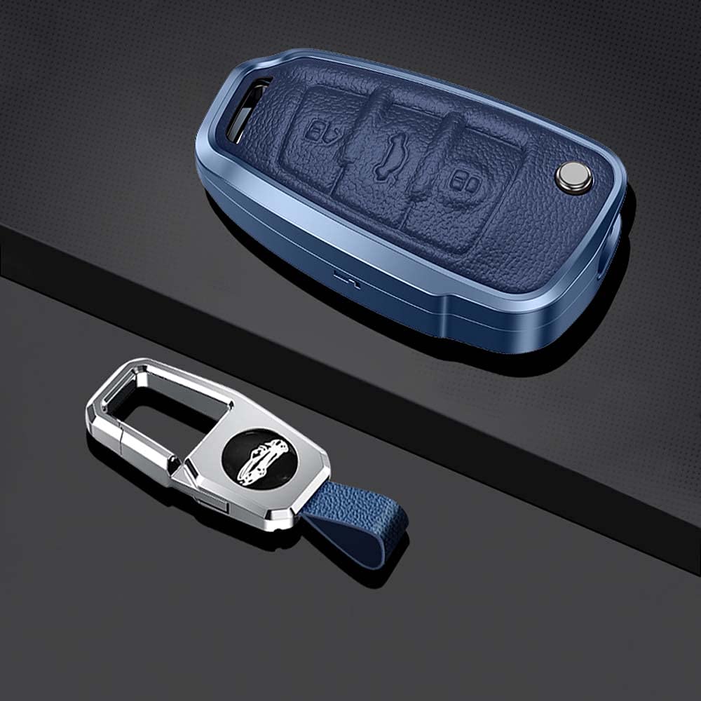 HIBEYO Smart Autoschlüssel Hülle passt für Audi Schutzhülle Schlüsselhülle Cover für A1 A3 A4 A6 Q3 Q5 Q7 S3 R8 TT Seat 3-Tasten Schlüsselbox Schlüsselanhänger Leder Aluminiumlegierung-Blau von HIBEYO