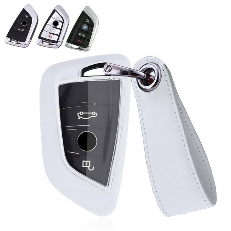 HIBEYO Smart Autoschlüssel Hülle passt für BMW Cover Funkschlüssel Schutzhülle Schlüsselhülle Schlüsselbox für BMW 1er 2er 3er 4er 5er 6er 7er X1 X3 X4 X5 X6 F30 E30 Schlüsselanhänger Leder-Weiß von HIBEYO