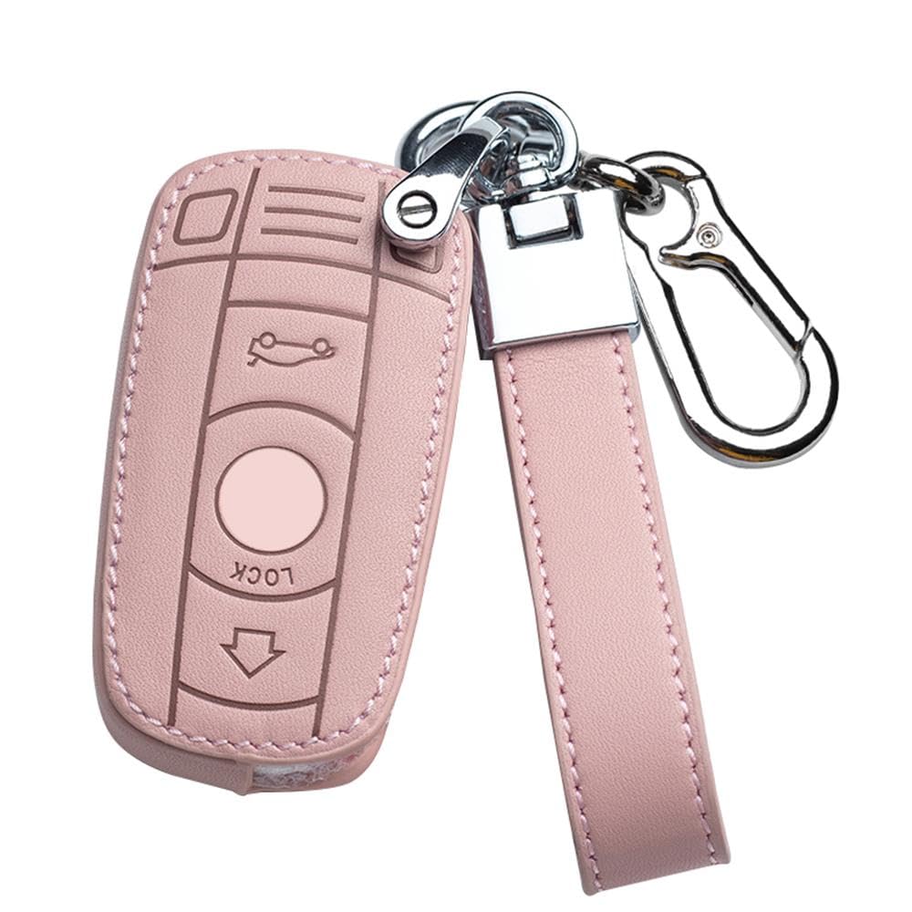 HIBEYO Smart Autoschlüssel Hülle passt für BMW Schutzhülle Rindsleder Schlüsselhülle passt für BMW 1er 3er X1 X3 Z4 E81 E82 E90 Smartkey Schutz Etui für Fernbedienung Keyless Schlüsselanhänger-C Rosa von HIBEYO
